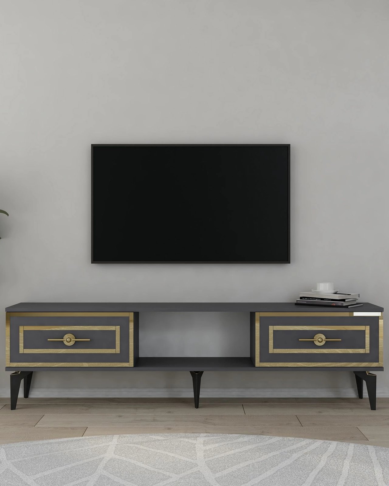 Komodë TV Skye Decor, ngjyrë viola-antracit, detaje ari