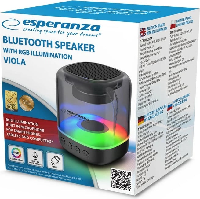 Altoparlant Bluetooth Esperanza Viola me LED RGB, 3W, i zi