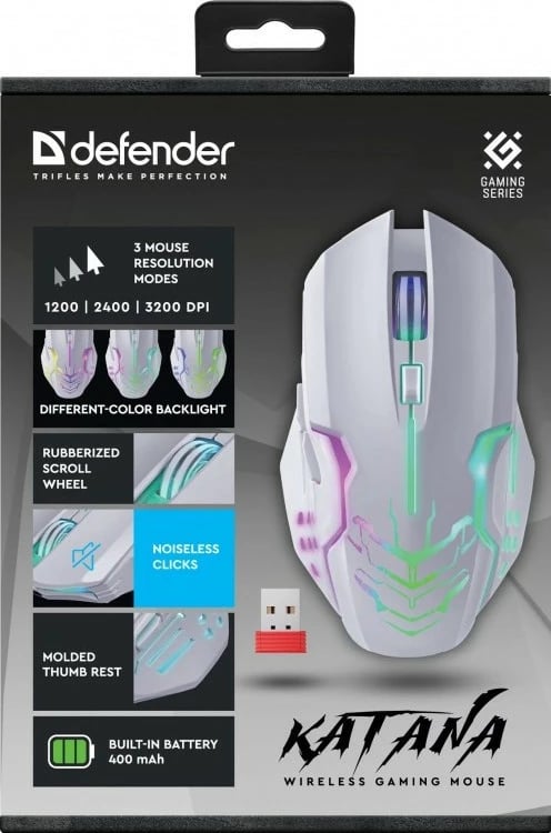Maus gaming pa tela, Defender Katana GM-511 1200–3200 DPI, 5 butona, RGB, 10 m, i bardhë