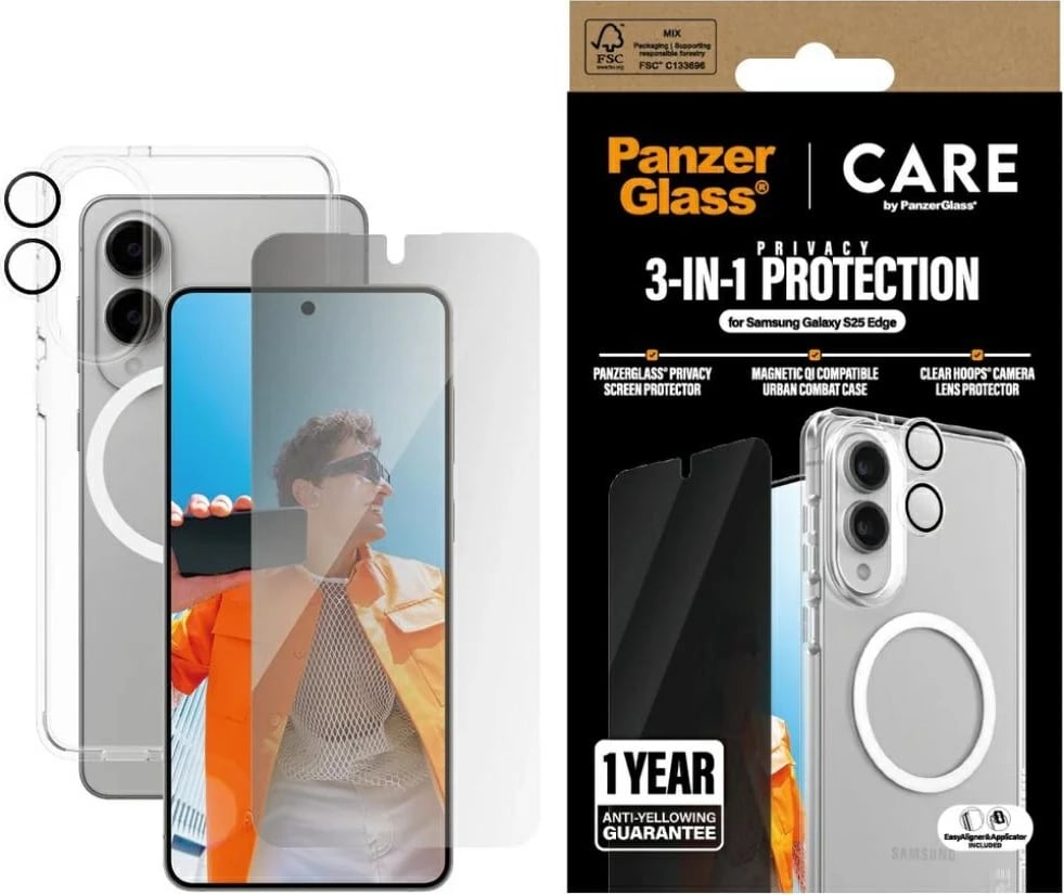 Set mbrojtës 3-në-1 PanzerGlass CARE për Samsung Galaxy S25 Edge, transparent