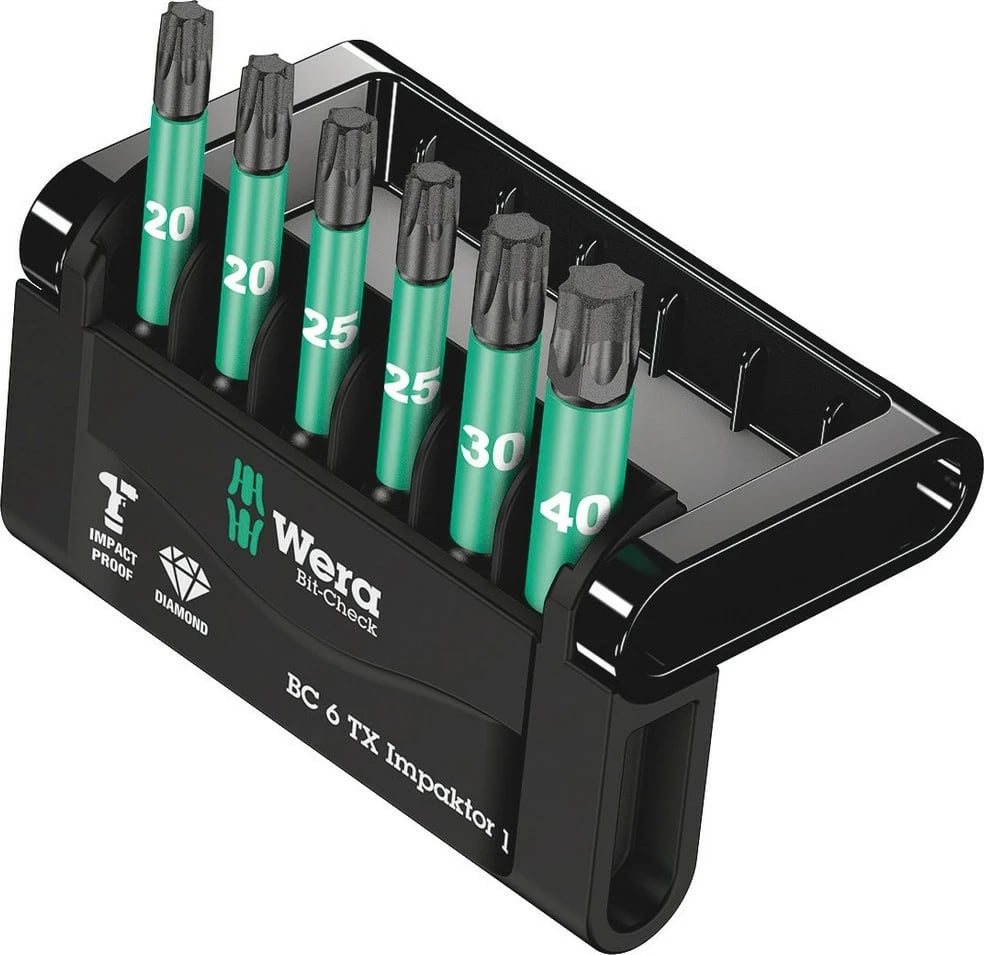 Set bita Wera Bit-Check Impaktor, 6 copë, Torx Plus TX20/TX25/TX30/TX40, jeshile/zezë