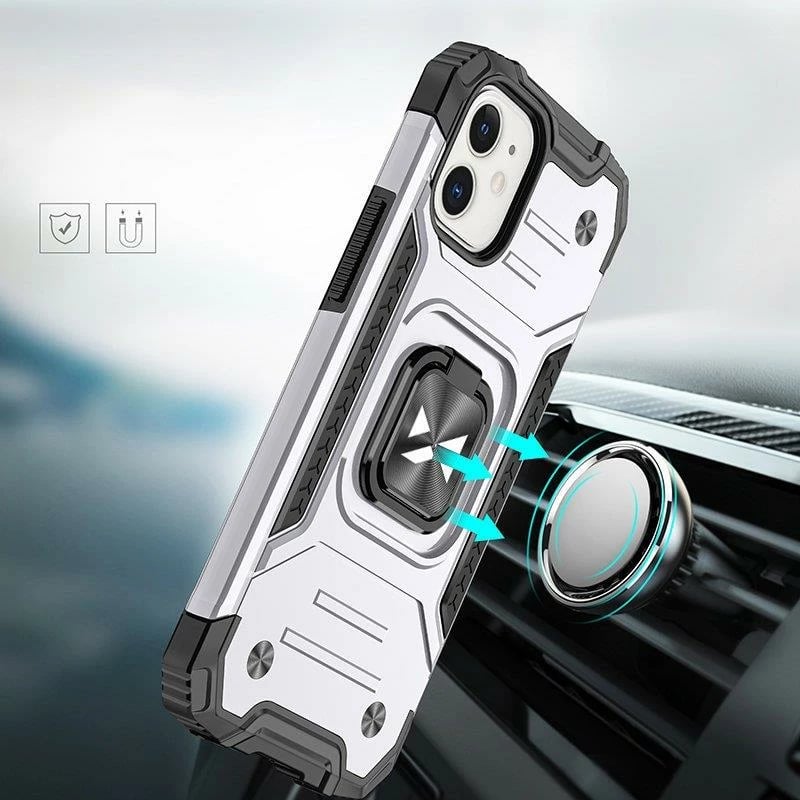 Mbështjellës Wozinsky Ring Armor për iPhone 14, me unazë dhe qëndrim, argjend
