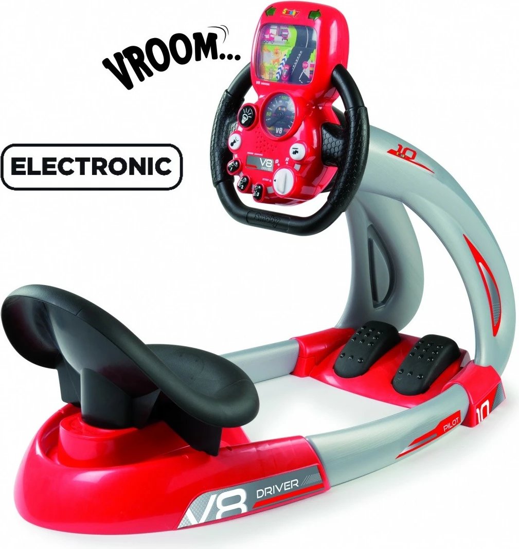Simulator drejtimi për fëmijë Smoby V8, elektronik, i kuq/gri/zi