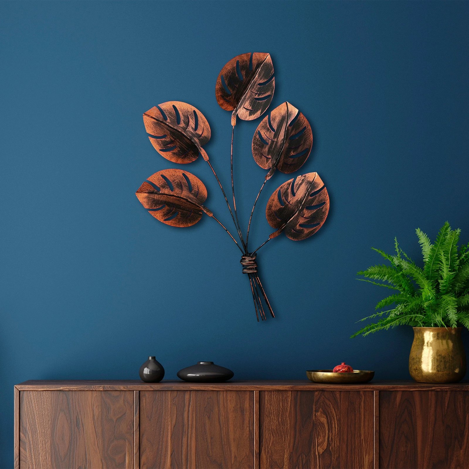 Aksesor dekorativ metalik për mur, Monstera 2, ngjyrë bakri, Wallity