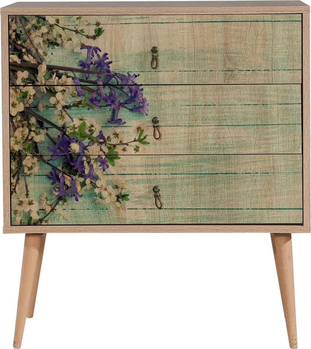 Komodë Hanah Home, Trio - 727, ngjyrë sonoma oak, dizajn me lule, 80x90x40 cm