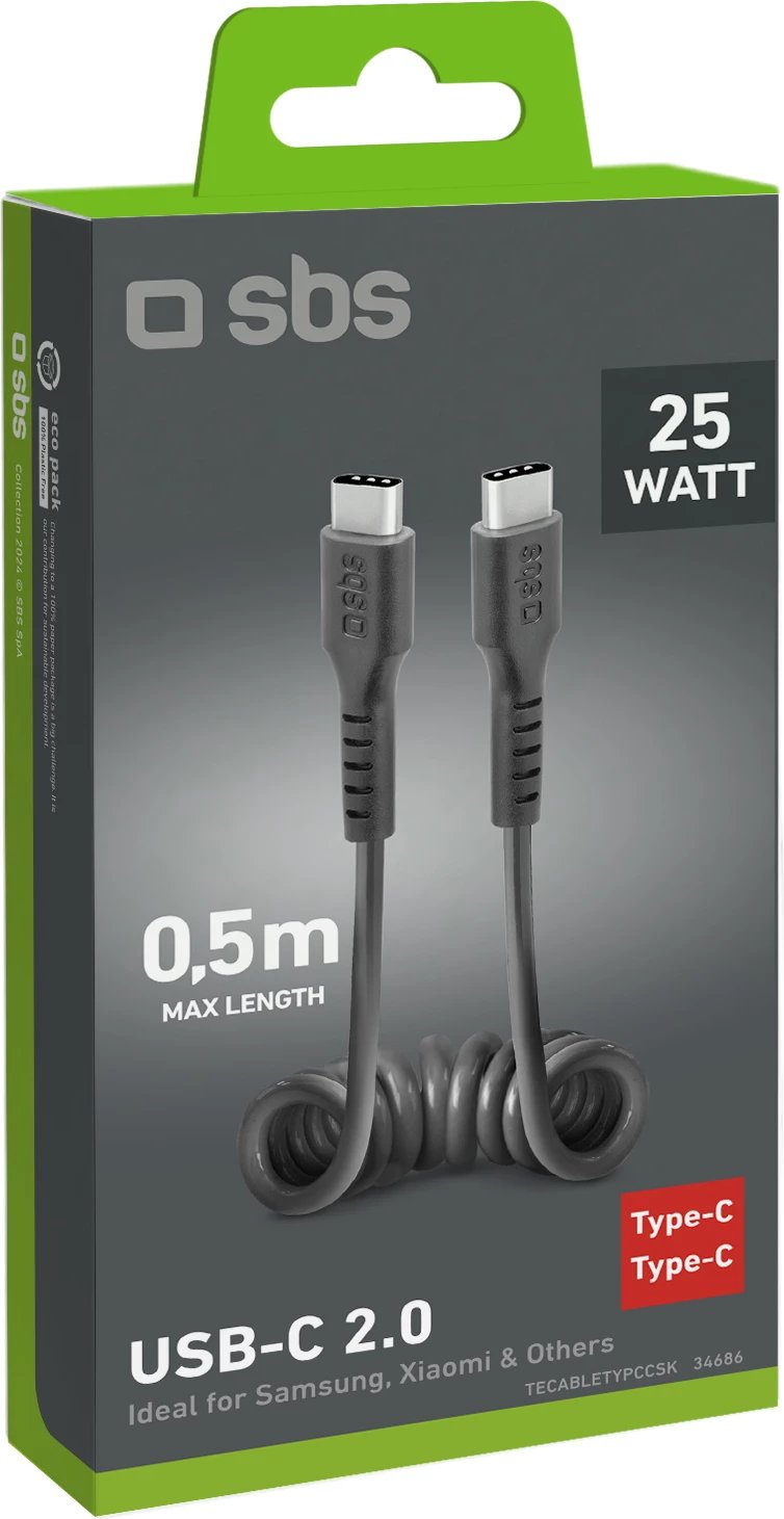 Kabllo spiral USB-C në USB-C SBS TECABLETYPCCSK, 0.5m, e zezë Kabllo spiral USB-C në USB-C SBS TECABLETYPCCSK, 0.5m, e zezë