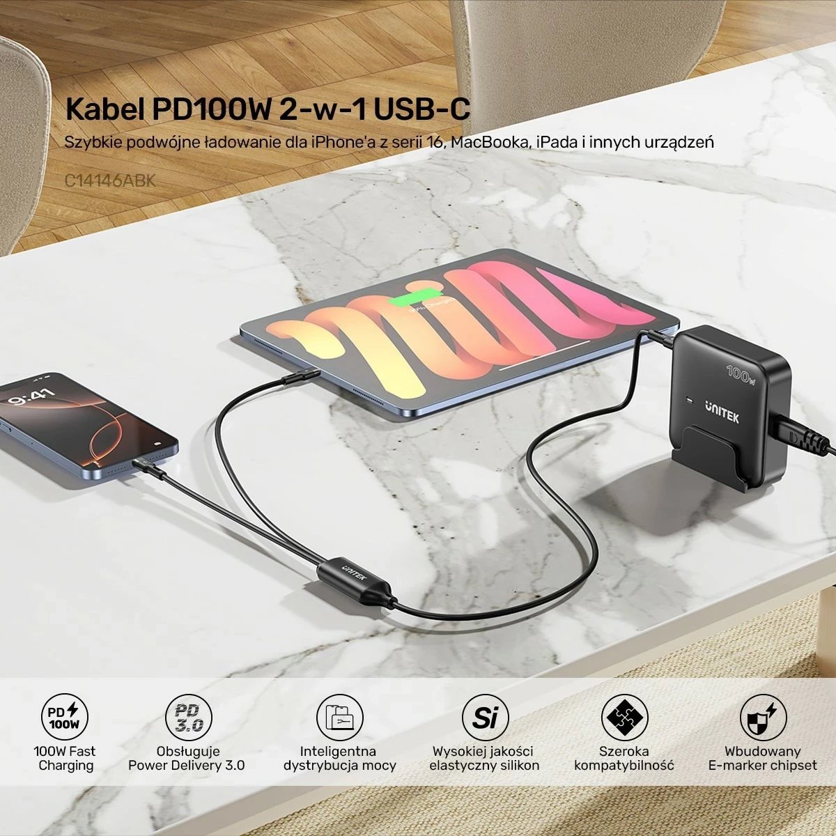 Kabllo Unitek USB-C 2n1 PD 100W silikon 1.8m zi