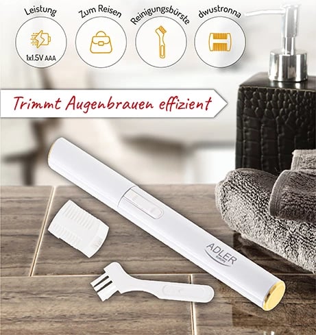 Trimer për vetulla, Adler AD 2934, teh çelik inox, krehër udhëzues dyanshëm 3.5mm/1.5mm, 1x AAA, strehë alumini, e bardhë perlë