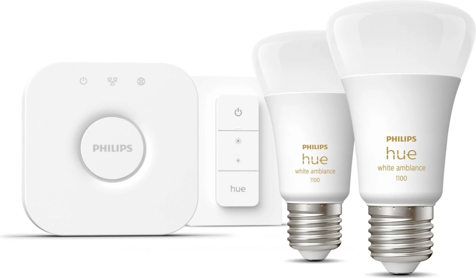 Kit ndriçimi i mençur Philips Hue White ambience, 2 llamba E27 (1100) + switch dimmer, Bluetooth/Zigbee, LED, E27, A60, Bardhë Kit ndriçimi i mençur Philips Hue White ambience, 2 llamba E27 (1100) + switch dimmer, Bluetooth/Zigbee, LED, E27, A60, Bardhë