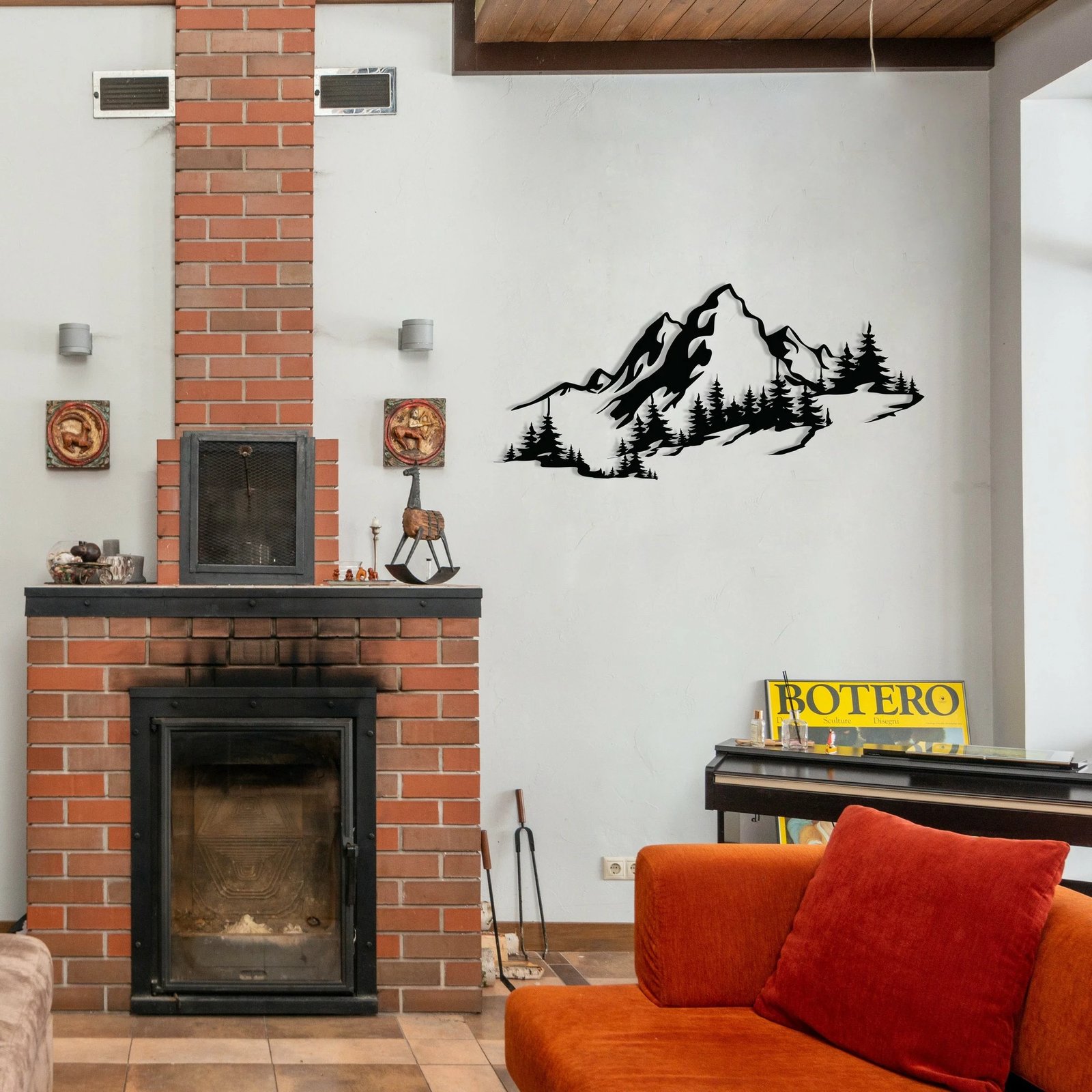 Aksesor dekorativ metalik për mur, Wallity, Mountain 3, ngjyrë e zezë, 67x30cm