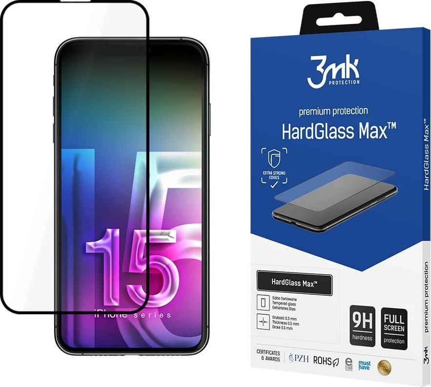 Mbështjellës xhami i fortë 3mk HardGlass Max për iPhone 15 Plus