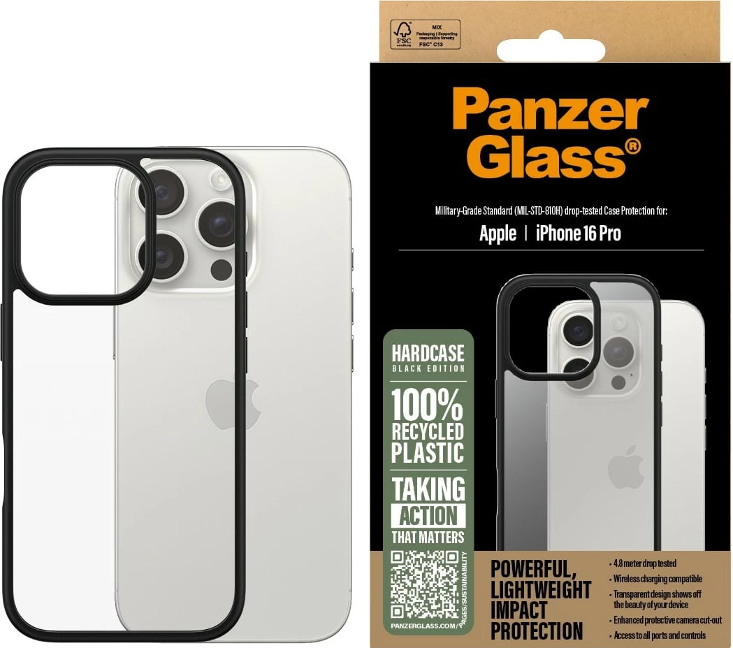 Mbështjellës PanzerGlass për iPhone 16 Pro, transparent, kornizë e zezë