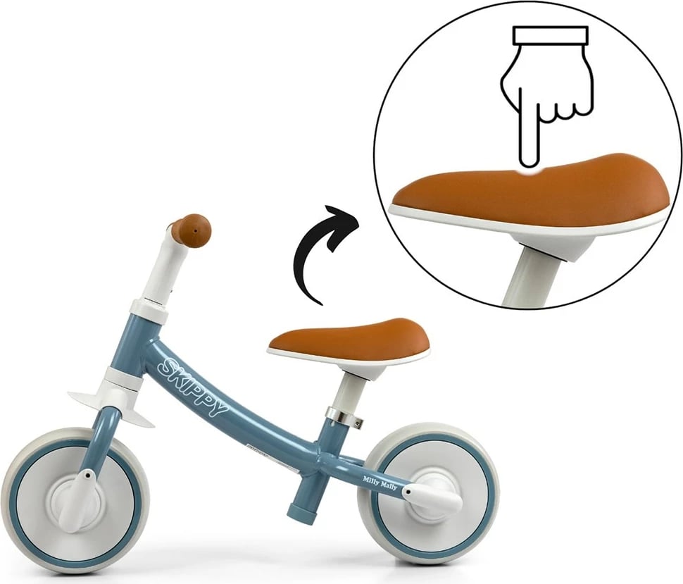 Biçikletë ekuilibri, Milly Mally, Skippy, rrota EVA pa shpime, kornizë çeliku, ulëse e rregullueshme, 18+ muaj, blu