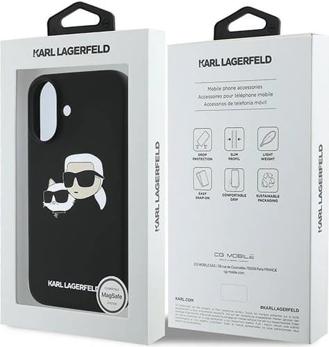 Mbështjellës Karl Lagerfeld Silicone Double Heads Print MagSafe për iPhone 16 Plus, i zi