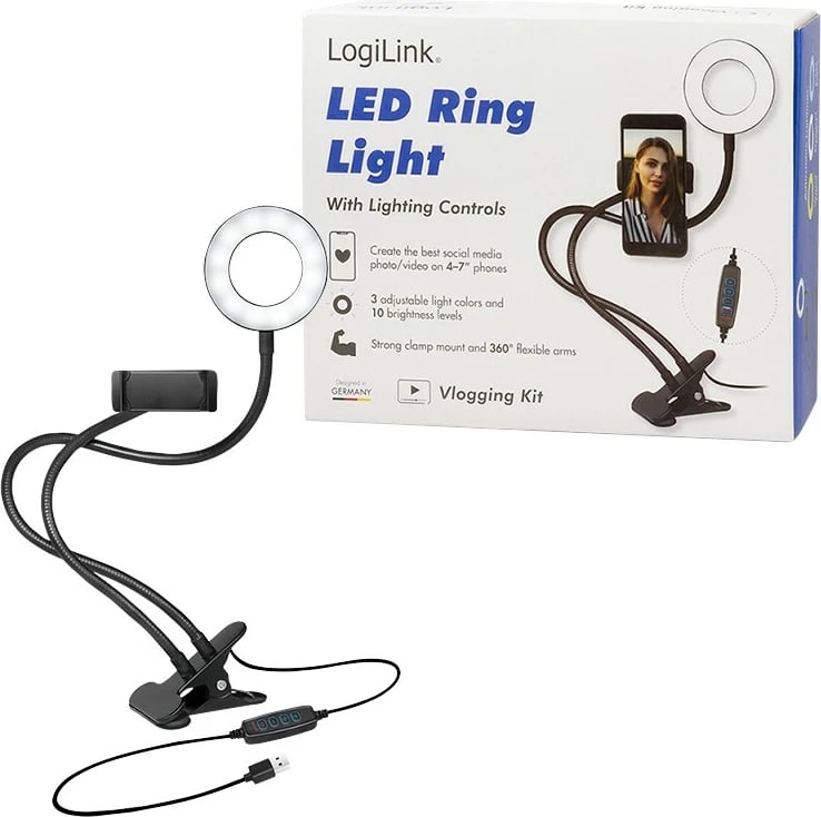 Dritë LED me mbajtëse celulari LogiLink AA0150, 7 inch, USB, e zezë