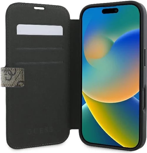 Mbështjellës Guess 4G Metal Logo për iPhone 16, kafe