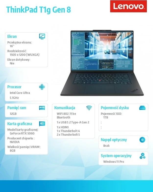 Laptop Lenovo ThinkPad T1g Gen 8 21TD0002PB Ultra 7 255H, 32GB RAM, 1TB SSD, RTX 5060 8GB, 16.0 WUXGA, Windows 11 Pro, e zezë