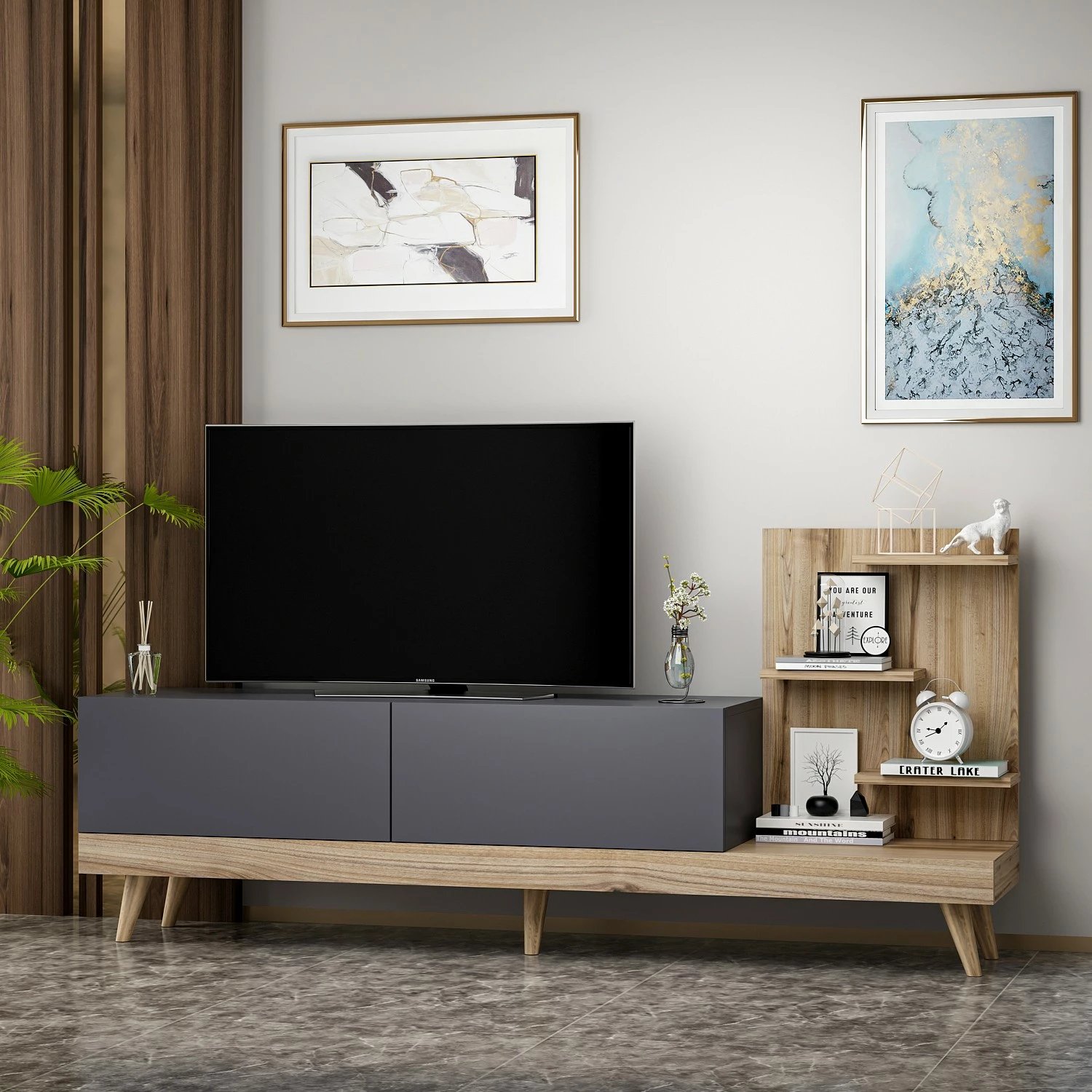 Komodë TV Hanah Home, dizajn anthracite-dru arre