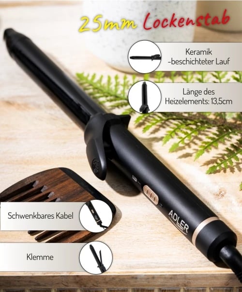 Hekur kaçurrelash, Adler, AD 2115, 25mm keramikë, 45W, kabllo 1.88m, i zi me elemente të arta