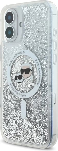 Mbështjellës Karl Lagerfeld Liquid Glitter Karl & Choupette Head MagSafe për iPhone 16 Plus, Transparent