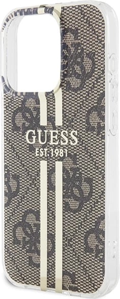 Mbështjellës Guess IML 4G Gold Stripe për iPhone 15 Pro Max, kafe