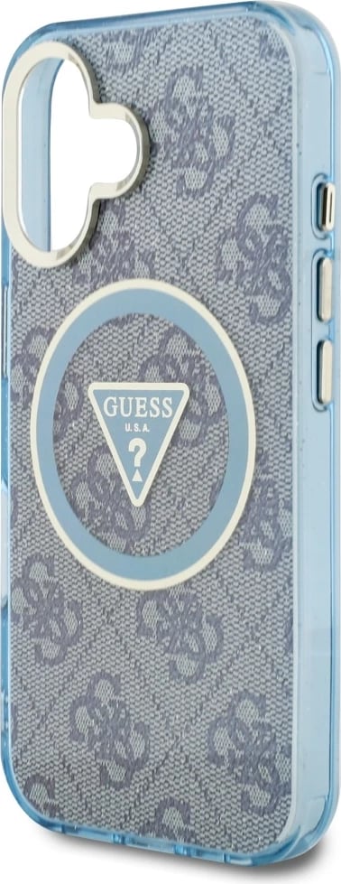 Mbështjellës Guess IML Metal Glitter 4G Circle Triangle MagSafe për iPhone 16, Kaltër