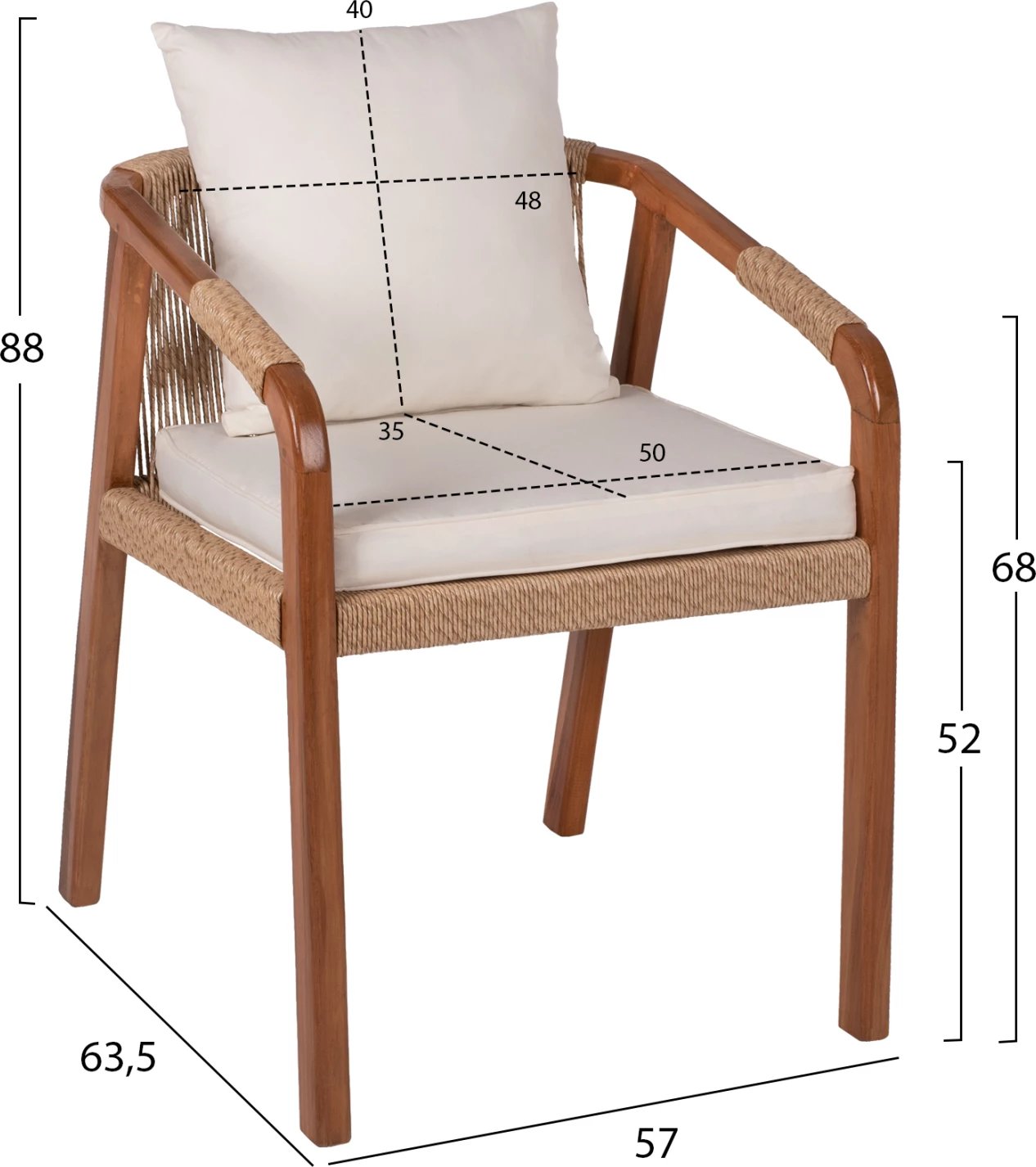 Karrige me krahë, dru teak, litar dhe jastëkë, FH9456.01, 57x63.5x75-88H cm