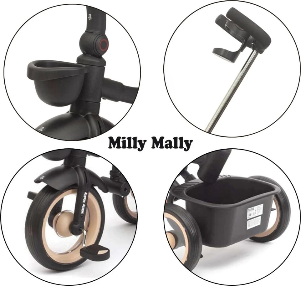Tricikletë fëmijësh me dritë Milly Mally Twinkle, sedile rrotulluese 180°, timon prindëror i rregullueshëm, rrota shkumë, kapacitet 25 kg, me çati dhe kosha, bezhë