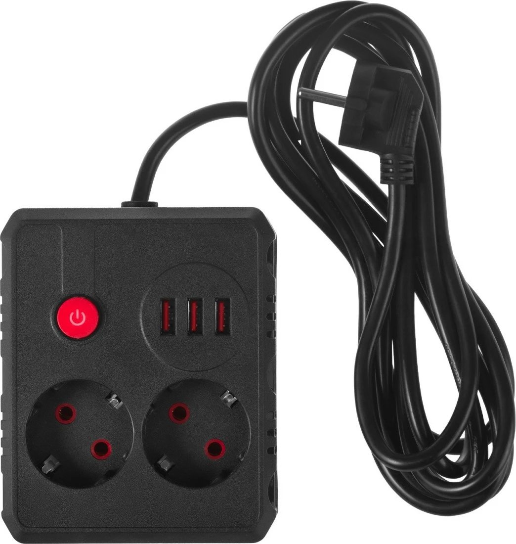 Listelë rryme, Maclean MCE388 B, 2 priza Schuko + 3x USB, 2500W, kabllo 3 m, me çelës, e zezë