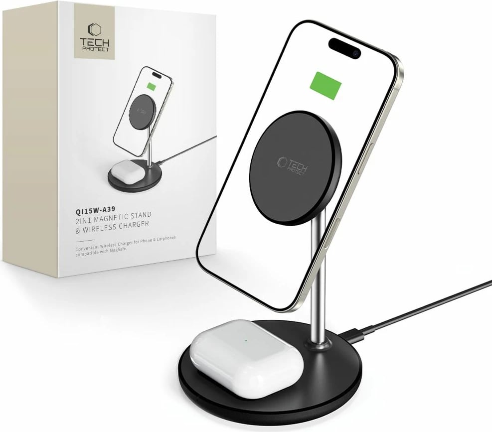 Stacion karikimi 2-në-1 Tech-Protect QI15W-A39, MagSafe, i zi