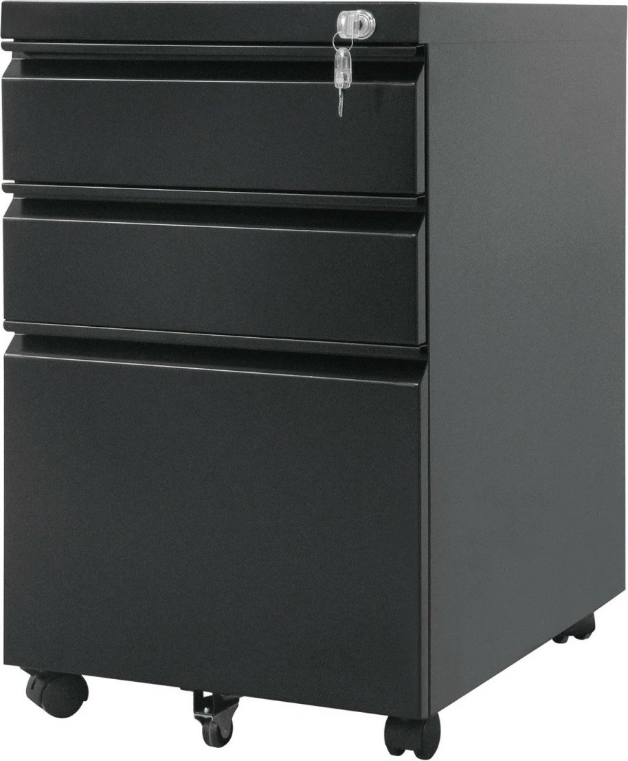 kabinet nën-birou metalik, Maclean MC-850, 3 sirtarë me kyç, me rrota, 64 cm lartësi, i zi