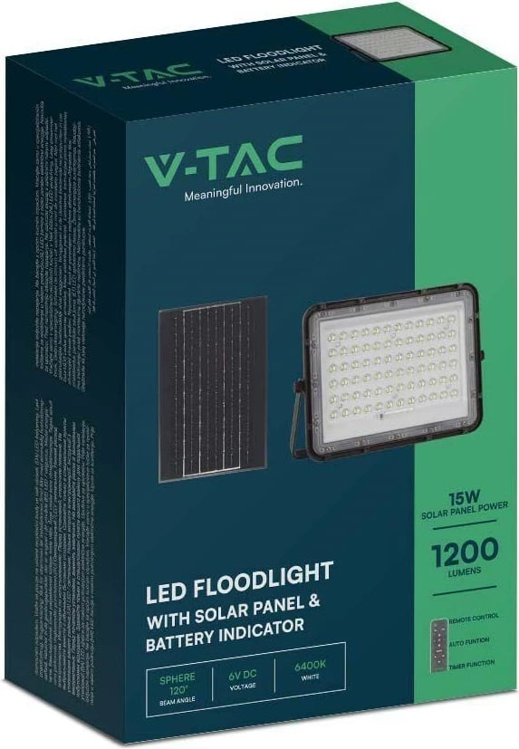 Projektor LED solar V-TAC VT-120W, 15W, 1200lm, me telekomandë, Timer, IP65, Alumini, i zi