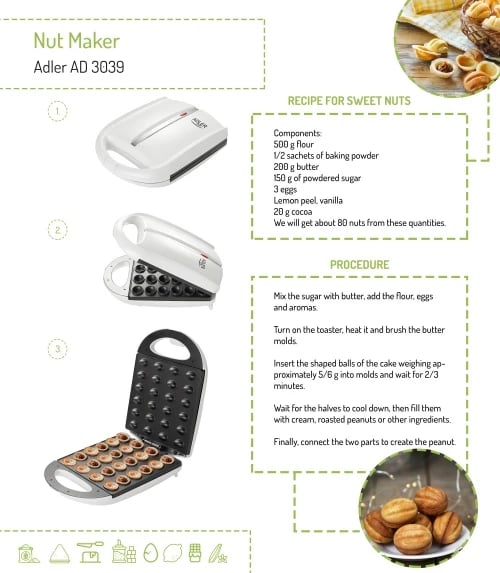 Aparat për biskota arra XL, Adler AD 3039, 24 gjysmë-arra, 1600W, pllaka jo-ngjitëse, e bardhë