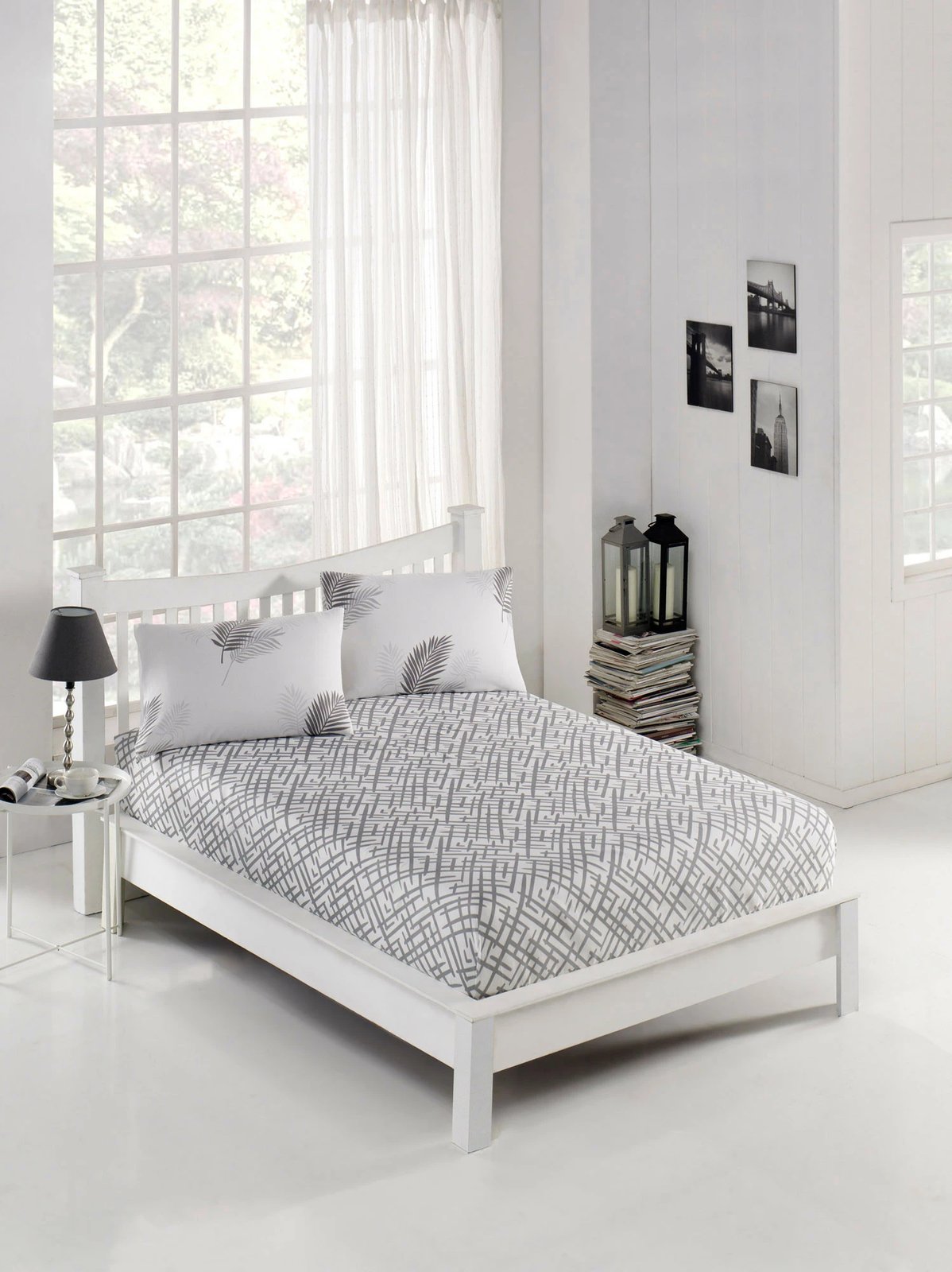 Set çarçafësh dopio L'essentiel, Palma, gri dhe bardhë