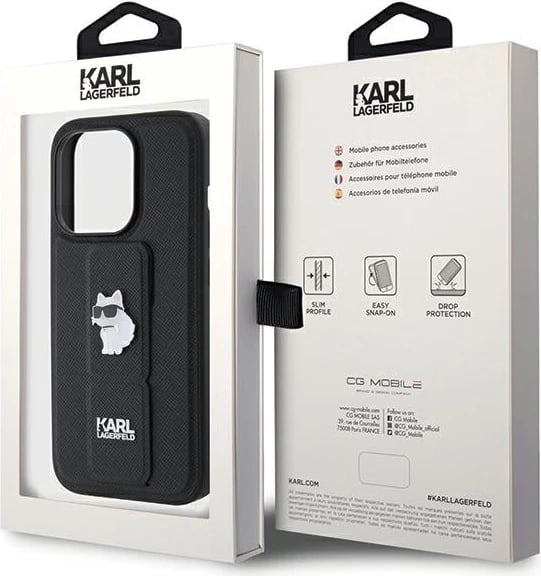 Mbështjellës Karl Lagerfeld Gripstand Saffiano Choupette Pins për iPhone 14 Pro, i zi