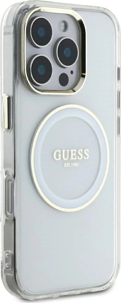 Mbështjellës Guess IML Metal Colored Circle Classic Logo MagSafe për iPhone 16 Pro Max, Bardhë