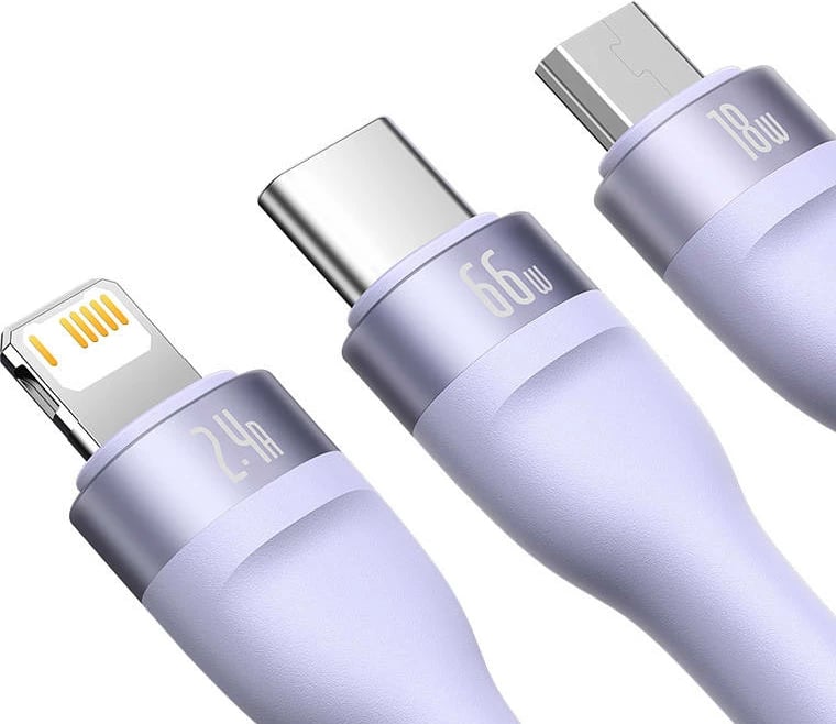 Kabllo 3-në-1 Baseus Flash II Series, USB-C + micro USB + Lightning, 66W, 1.2m, vjollcë Kabllo 3-në-1 Baseus Flash II Series, USB-C + micro USB + Lightning, 66W, 1.2m, vjollcë