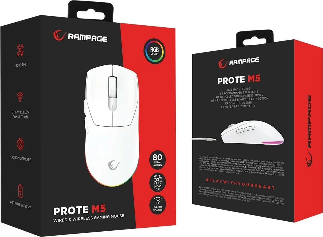 Maus Rampage Prote M5, 24000 DPI, RGB LED, wireless/wired, bardhë Maus Rampage Prote M5, 24000 DPI, RGB LED, wireless/wired, bardhë