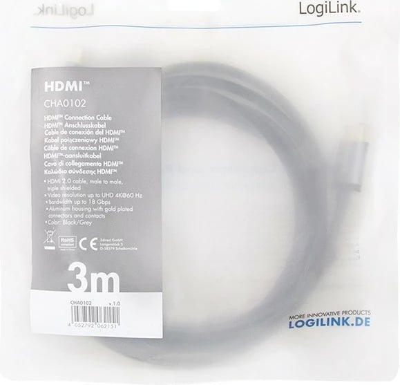 Kabllo HDMI LogiLink CHA0102, 3m, 4K/60Hz, Alumini, e zezë