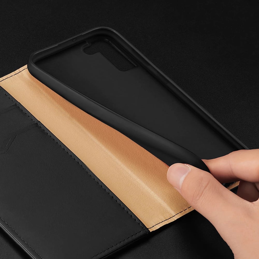 Mbështjellës Dux Ducis Hivo për Samsung Galaxy S22+, lëkurë natyrale, me xhepa për karta, Blu