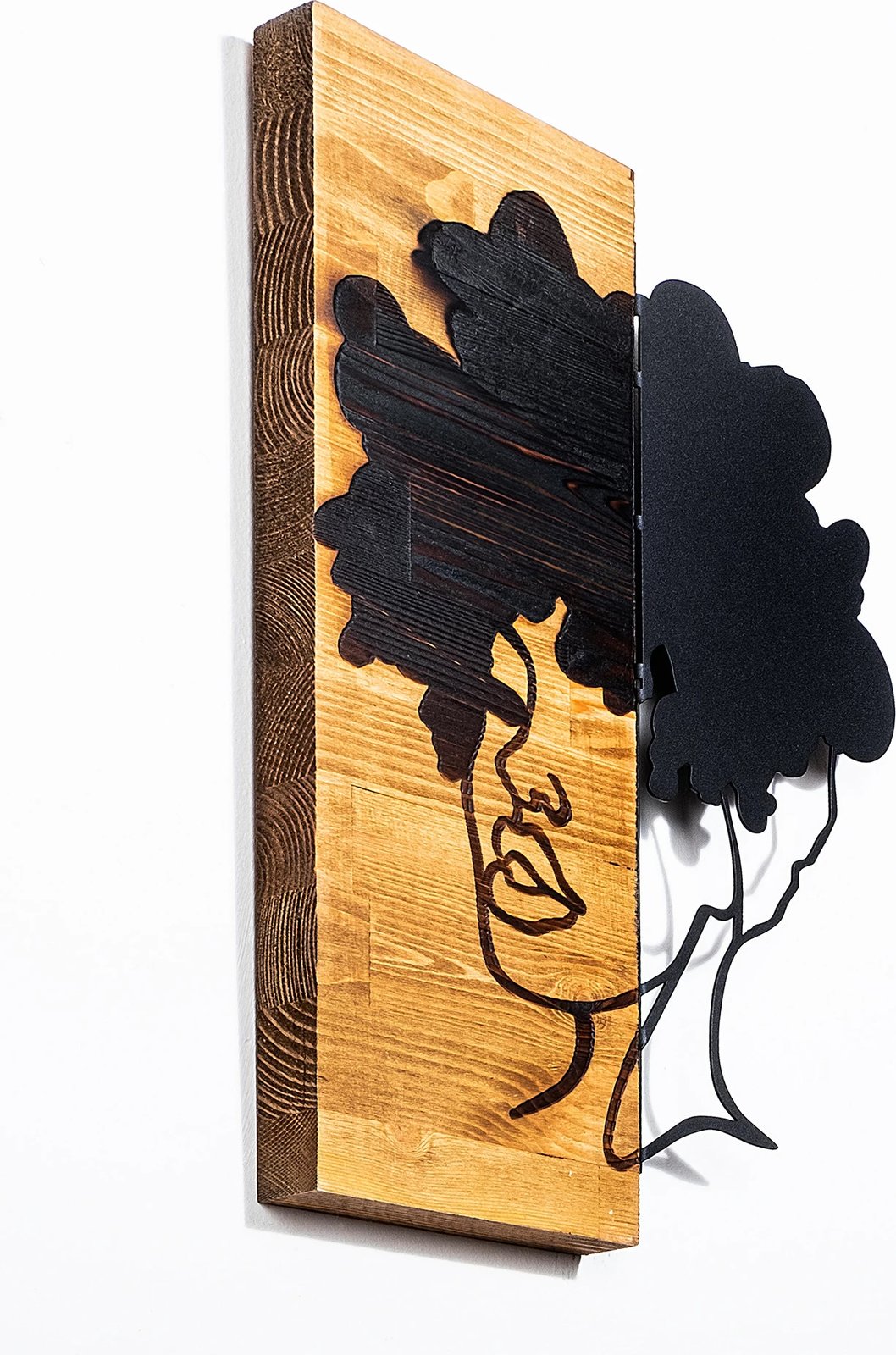 Aksesor dekorativ për mur, dru dhe metal, figurë gruaje afrikane, ngjyrë e zezë dhe arre e çelët, 35x3x50cm