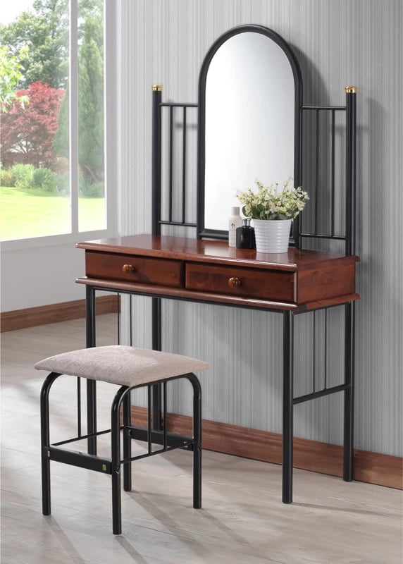 Tavolinë për grim me karrige Tressa, ngjyrë arre, dru-metal i zi