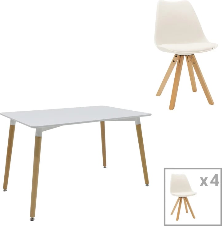 Tavolinë me karrige Natali-Caron, set 5 copë, MDF e bardhë, këmbë natyrale, 120x80x76cm