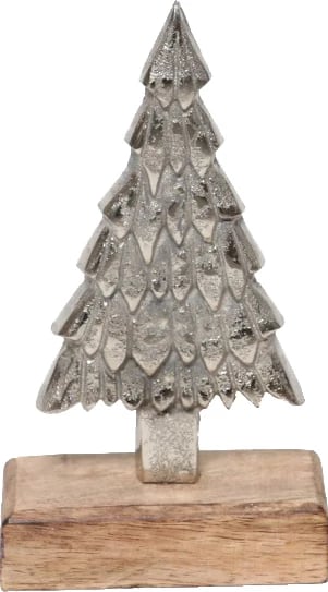 Dekor pemë Krishtlindjesh, alumin argjendtë, bazë dru mango, 11x5x14cm