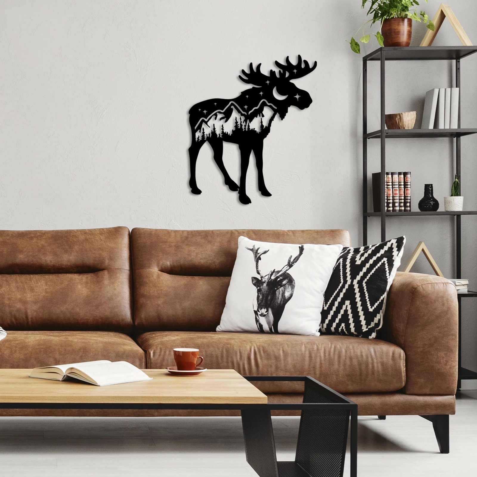 Aksesor dekorativ metalik për mur, Wallity, Cervo-1, ngjyrë e zezë, 60x69cm