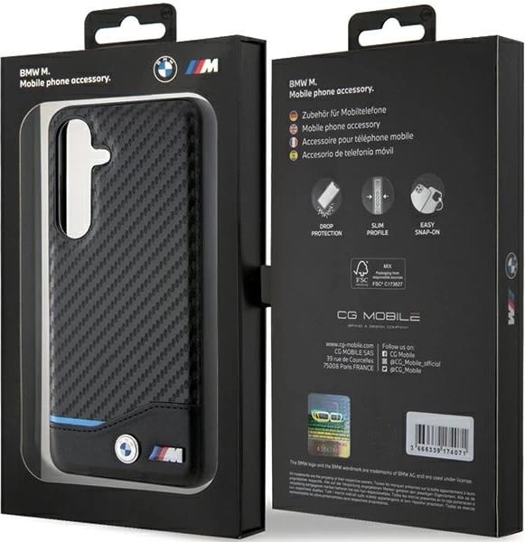 Mbështjellës BMW Leather Carbon për Samsung Galaxy S24, i zi