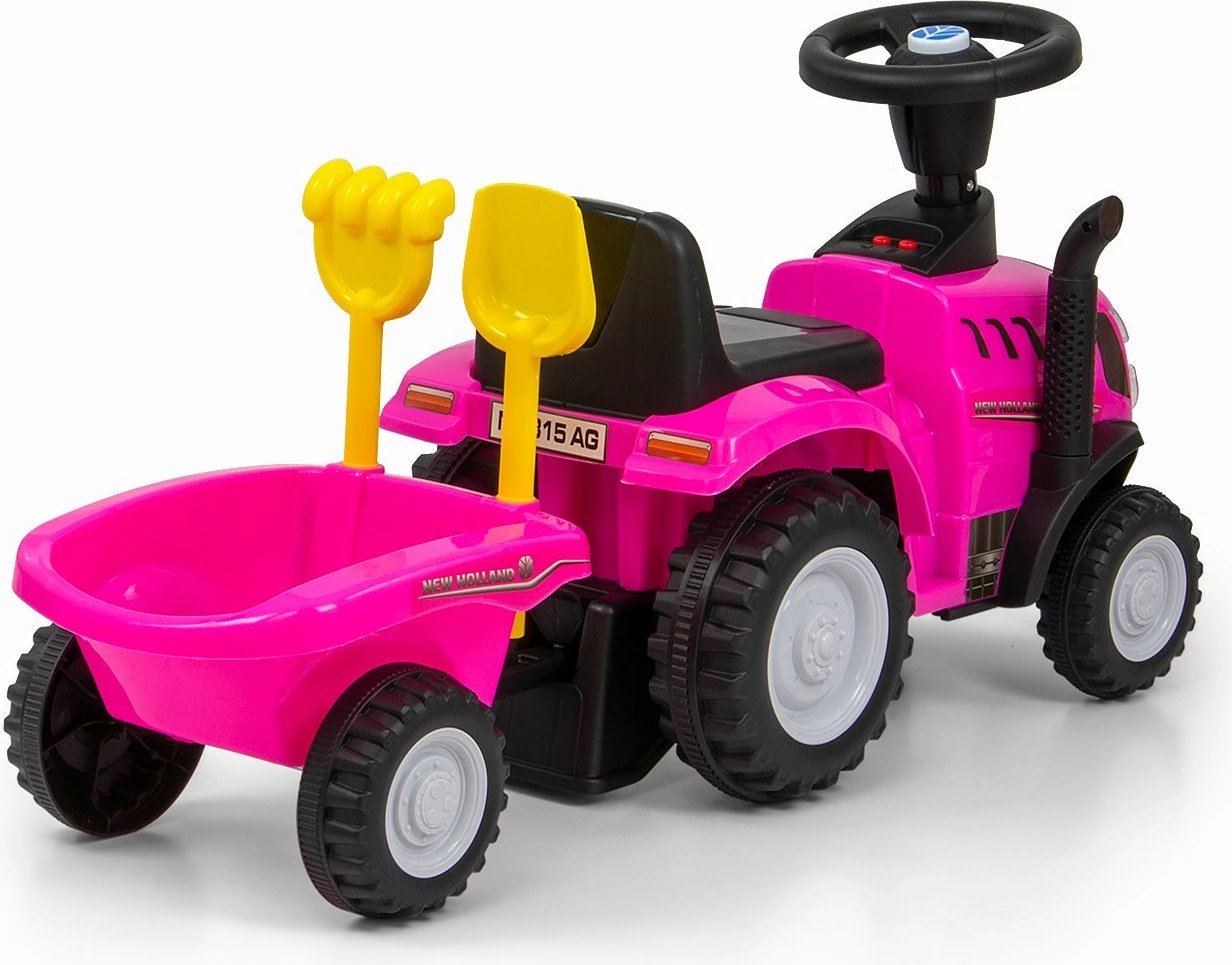 Traktor ride-on Milly Mally New Holland T7, me rimorkio dhe vegla, drita dhe zëra, 2xAA, moshë 12-36 muaj, rozë