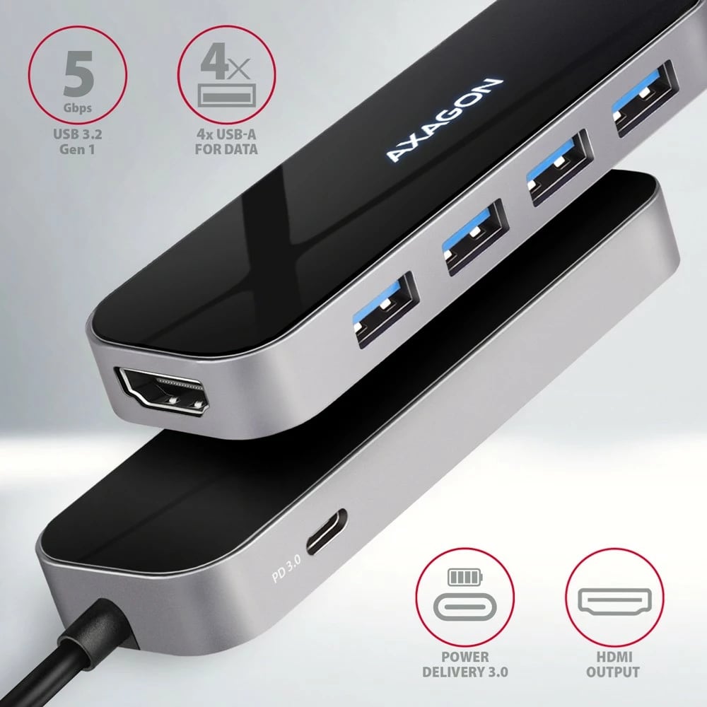 Hub multiport AXAGON HMC-6H4A, 4x USB-A, HDMI, USB-C 3.2 Gen 1, PD 100W, 20cm, zi
