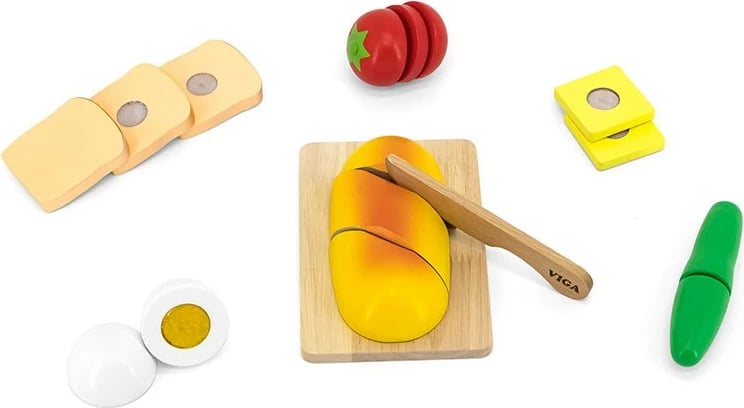 Set prerje mëngjesi prej druri, Viga, me dërrasë prerëse dhe thikë druri, elemente me Velcro, për 18+ muaj, Multicolor