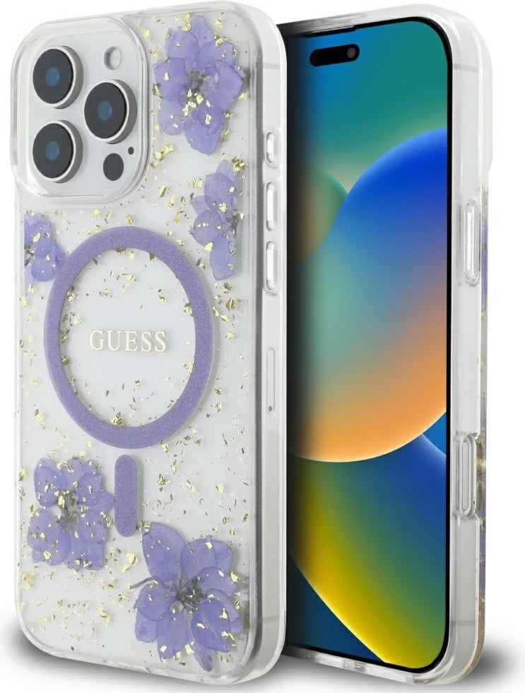 Mbështjellës MagSafe, Guess Resin Flowers, për iPhone 16 Pro 6.3", hardcase TPU/PC, vjollcë